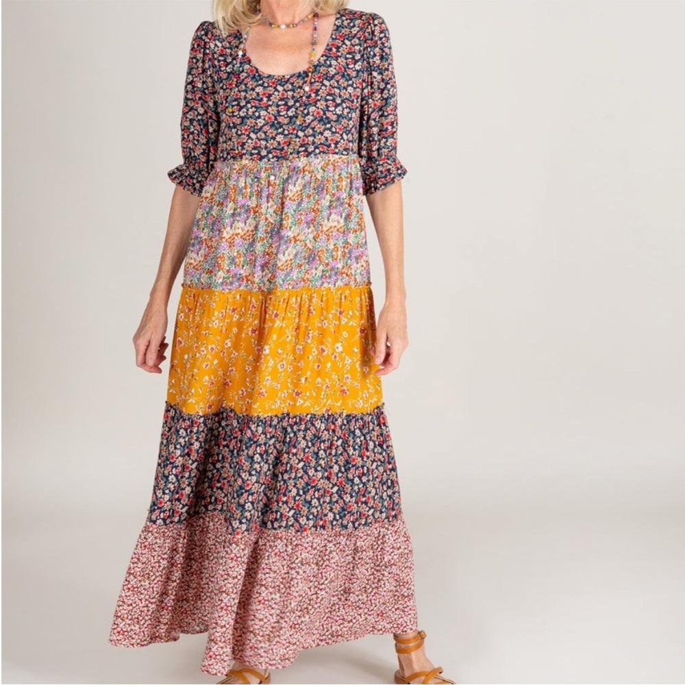 Natural Life Mixed Floral Print Tiered Colette Maxi Dress Blue Red Gold Large - Picture 3 of 11
